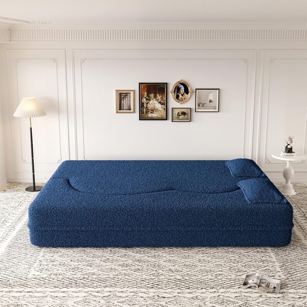 78"W Convertible Folding Sofa Bed, Teddy Full Size Futon Loveseat Sleeper Couch Bed with Pillows, Lounge Floor Sofa Folding Mattress, Compression Foam Boneless Couch for Living...