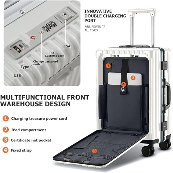 feilario Hardside Expandable Spinner Wheel Luggage, TSA Lock Carry on Suitcase, with Cup Holder & Phone Holder, 24in Sizes, White