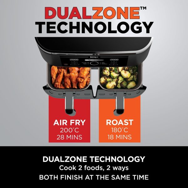 Ninja Foodi Dual Zone Digital Air Fryer, 2 Drawers, 7.6L, 6-in-1, Uses No Oil, Air Fry, Max Crisp, Roast, Bake, Reheat, Dehydrate, Cooks 4-6 Portions, Non-Stick, Dishwasher Safe...