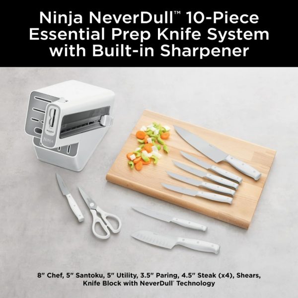 Ninja Foodi NeverDull Knife Set K12010, High Carbon Stainless Steel, Built-In Sharpener, Ergonomic Handle, Durable 10pc Kitchen Knife Block Set (White)